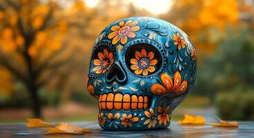 Colorful skull decoration in a park during autumn. Painted skull for Dia de los Muertos. A vibrant skull adorned with flowers rests on a table, surrounded by fallen leaves in an autumn park setting. photo