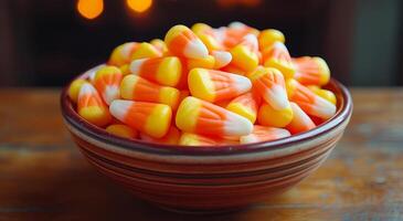 Candy corn in a decorative bowl. A bowl overflowing with vibrant candy corn sits on a rustic table, evoking the spirit of autumn festivities and celebrations. photo