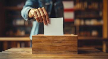 Voting in a wooden box during elections. A person places their ballot into a wooden box at a polling location, highlighting the importance of voting in civic engagement. photo