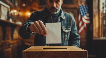 Man casting a ballot in a historic voting location. A man submits his ballot in a beautifully decorated historic voting site, reflecting civic engagement and community values. photo