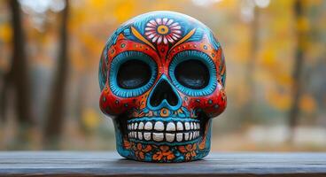 Autumn outdoor colorful skull display. Painted skull for Dia de los Muertos. A vibrant skull adorned with floral designs rests on a wooden surface surrounded by the warm colors of autumn foliage. photo
