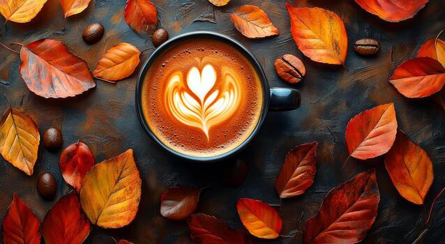 acogedor café con otoño hojas en un rústico mesa. un calentar taza de café rodeado por vistoso otoño hojas se sienta en un rústico mesa, atractivo relajación en el frio estación. foto