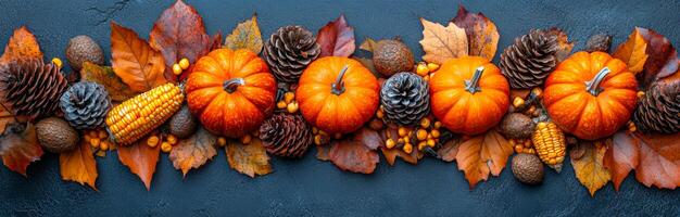 Autumn harvest display with pumpkins and colorful leaves. A vibrant arrangement of pumpkins, pinecones, and colorful autumn leaves creates a festive harvest display against a dark background. photo