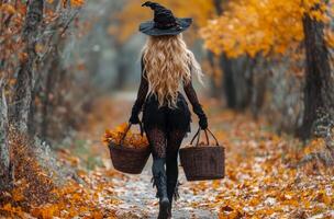 Witch strolling in autumn forest with baskets. A witch strolls down a forest path in autumn, carrying baskets filled with colorful leaves under trees adorned in fall hues. photo
