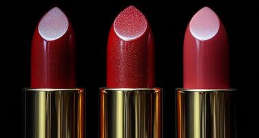 Three red lipsticks on dark backdrop. Three elegant red lipsticks are displayed on a black background, showcasing different finishes and shimmer effects for makeup lovers. photo