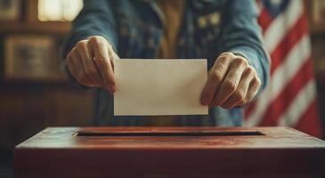 Casting a ballot in a local election in the USA. A person is casting their ballot into a voting box during a local election, emphasizing civic duty in a democratic process. photo