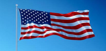American flag waving proudly against a clear sky. The American flag flutters in the wind, showcasing its red, white, and blue colors against a bright blue sky. photo