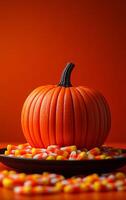 Orange pumpkin with candy corn for Halloween. A vibrant orange pumpkin sits atop a black plate filled with colorful candy corn against a warm orange background for autumn. photo