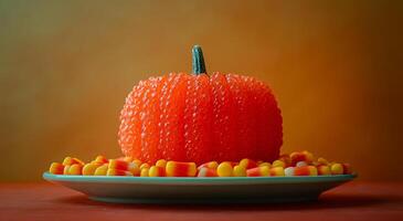 Colorful candy pumpkin on a plate with sweets. A bright orange pumpkin made of candy sits on a green plate surrounded by colorful candy corn, creating a festive autumn display. photo