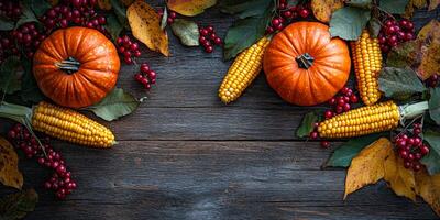 Autumn harvest display with pumpkins and corn. Vibrant pumpkins, corn, and colorful leaves create a festive autumn arrangement on a rustic wooden surface. photo