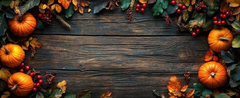 Pumpkin and leaf autumn display. Colorful pumpkins and vibrant autumn leaves create a festive border on a rustic wooden surface, celebrating the fall season. photo