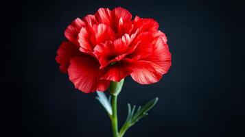 Red carnation on dark backdrop. A striking red carnation stands tall, showcasing its vibrant petals and green stem in a dramatic dark setting. photo