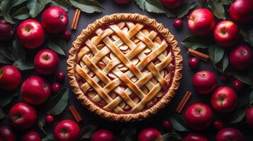 Fresh ingredients, tasty apple pie. A fresh apple pie sits beautifully with ripe apples, cinnamon sticks, and green leaves, showcasing autumn's bounty. photo