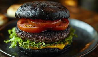 Black bun burger with fresh toppings. This gourmet burger features a black bun, juicy patty, melted cheese, fresh lettuce, and ripe tomato, creating a bold visual impact. photo