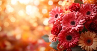 Vibrant flowers on a blurred backdrop. A vibrant arrangement of pink gerberas and red roses brightens the background with warm, glowing bokeh effect. photo