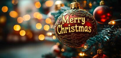 Decorative Christmas ornament hanging on a tree. A vibrant red ornament with Merry Christmas shines on a decorated tree, surrounded by warm, blurred lights in a festive atmosphere. photo