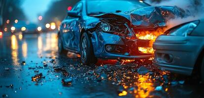 Rainy evening car crash during rush hour. A severe car crash occurred on a rainy evening, with flames emerging from one vehicle amidst debris on the wet road. photo