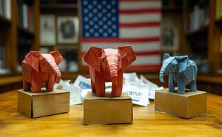 Colorful elephants in a library. Three paper elephants in red, blue, and natural colors stand on boxes, surrounded by books and an American flag in the background. photo