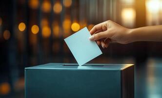 Voting at a polling station. A voter casts their ballot into a voting box, participating in the electoral process in a warm, dimly lit polling location. photo
