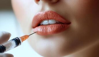 Lip enhancement at a beauty clinic. A cosmetic practitioner administers a lip filler treatment to enhance the patient's lip volume in a professional clinic environment. photo