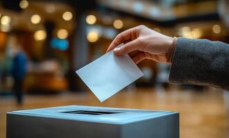 Voter casting ballot in modern polling place. A hand places a ballot into a voting box at an urban polling location, emphasizing civic participation during elections. photo