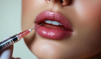 Lip enhancement procedure in a clinical setting. A close-up view of a cosmetic procedure, featuring a syringe poised near a woman's lips, reflecting a focus on beauty enhancements. photo