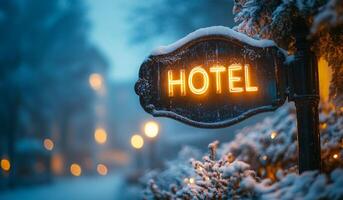 Hotel sign illuminated in snowy winter evening. A cozy hotel sign glows warmly amidst a snowy landscape during a tranquil winter evening, inviting guests for comfort. photo