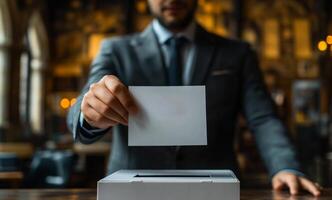 Man casting a ballot in a well-lit voting area. A man in a suit drops his ballot into a box during voting hours in a civic space, emphasizing civic duty and participation. photo