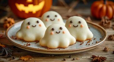 Sweet snacks in the form of ghosts for Halloween. Adorable ghost-shaped cookies sit on a plate, surrounded by autumn decorations and a glowing pumpkin, evoking Halloween cheer. photo