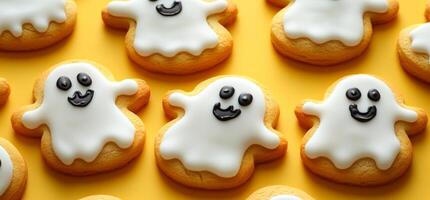 Sweet snacks in the form of ghosts for Halloween. These charming ghost-shaped cookies are decorated with white icing and smiling faces, perfect for a Halloween celebration. photo