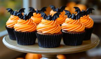 Cakes with decorative bats for Halloween. Colorful cupcakes adorned with orange frosting and bat toppers are showcased on a decorative stand, perfect for Halloween celebrations. photo