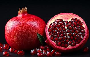 Fresh pomegranate split open showcasing ruby seeds. A ripe pomegranate is halved to reveal its jewel-like seeds and vibrant red color against a dark background. photo