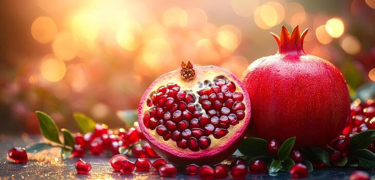 Brightly lit pomegranate with seeds on display. A fresh pomegranate is halved, revealing ruby-red seeds, set against a warm, glowing background of soft light. photo