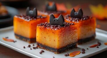 Autumn dessert with fun cat decor. A charming autumn dessert featuring layered flavors, topped with cute cat designs, perfect for seasonal celebrations and gatherings. photo