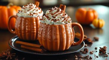 Pumpkin spice lattes with cream and cinnamon. Two mugs of pumpkin spice lattes topped with whipped cream and cinnamon sit on a table, surrounded by seasonal decorations. photo