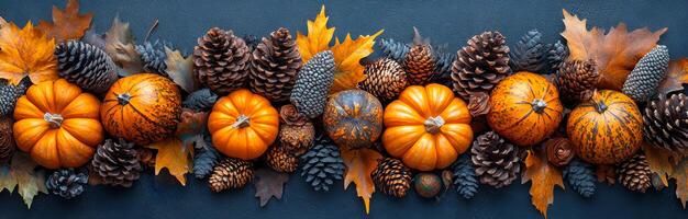 Fall decor with pumpkins and pine cones. A vibrant autumn display showcasing pumpkins, pine cones, and colorful leaves creating a warm, seasonal atmosphere for fall festivities. photo