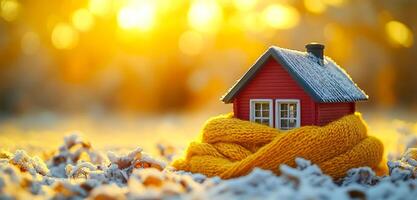 A cozy red house wrapped in yellow scarf in winter. The red house is snugly wrapped in a yellow scarf, surrounded by frosty ground and golden sunlight, creating a warm winter ambiance. photo