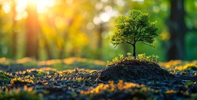 A small tree growing on a mossy hill during sunset. A small green tree stands on a moss-covered mound as the sun sets, casting a warm glow through the forest in the background. photo