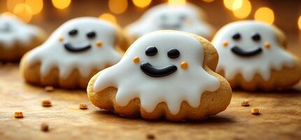 Ghost cookies for Halloween. Whimsical ghost cookies with smiling faces are displayed on a rustic wooden table, perfect for a festive autumn celebration. photo
