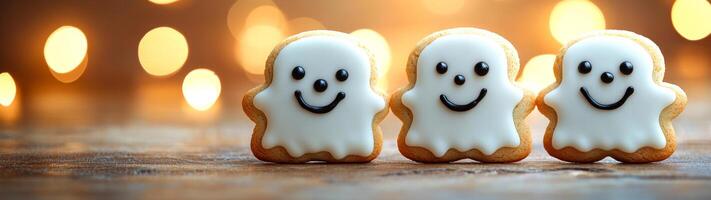 Ghost cookies for Halloween. Three adorable ghost-shaped cookies are decorated with icing, showcasing smiling faces, perfect for Halloween treats. photo