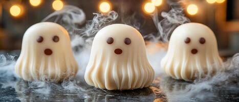 Ghost-shaped treats with smoke effect on display for Halloween. Three ghost-shaped desserts create a whimsical Halloween atmosphere with smoke effect and warm lighting in the background. photo