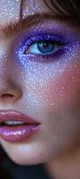 Vibrant night makeup showcase. A close-up view of a persons face adorned with dazzling glitter makeup, highlighting their vivid eye makeup and shiny lips. photo