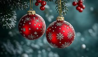 Red ornaments on a Christmas tree. Two red Christmas ornaments decorated with silver snowflakes shimmer on a festive tree, surrounded by holiday greenery. photo