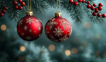 Red ornaments on a green tree. Two beautifully adorned red Christmas ornaments hang from a pine tree, adding a festive touch to the elegant holiday setting. photo