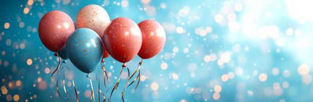 Balloons drift in a shimmering backdrop. A group of six balloons in shades of pink and blue sway gently, sparkling lightly against a bright, dreamy background. photo