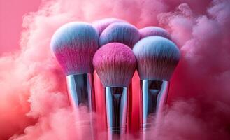 Colorful smoke with soft bristle brushes. Makeup brushes with soft bristles in vibrant colors emerge from swirling colorful smoke, creating an artistic beauty display. photo