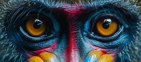 Close-up view of a vibrant monkey in the wild. This striking close-up features a monkey with colorful facial markings, showcasing its intense gaze and vivid colors in nature. photo