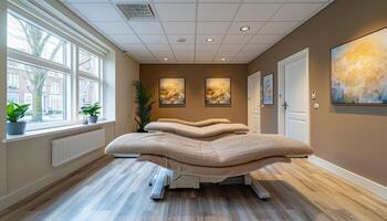 Calm massage room with natural light. A serene massage therapy space featuring adjustable tables, soft lighting, and large windows offering a peaceful ambiance. photo