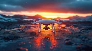 A drone rests on a rocky surface at sunset. A drone is positioned on rocky terrain during a stunning sunset, surrounded by mountains and dramatic cloud formations. photo