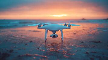 A drone on the beach during sunset capturing views. A drone rests on a sandy beach at sunset, ready to capture stunning coastal scenery as the sun dips below the horizon. photo